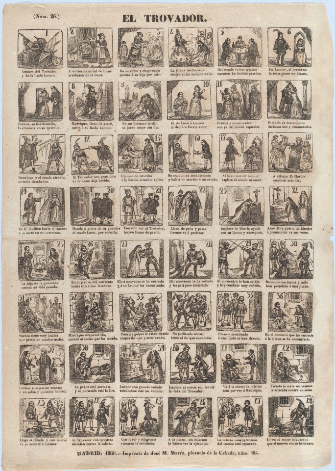 Broadside with 48 scenes relating to the life of a troubadour MET DP875755
