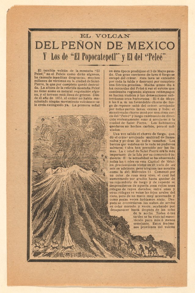 Broadside relating to a news story about the destruction following a volcanic eruption, volcano erupting while animals and men on horseback flee MET DP868539