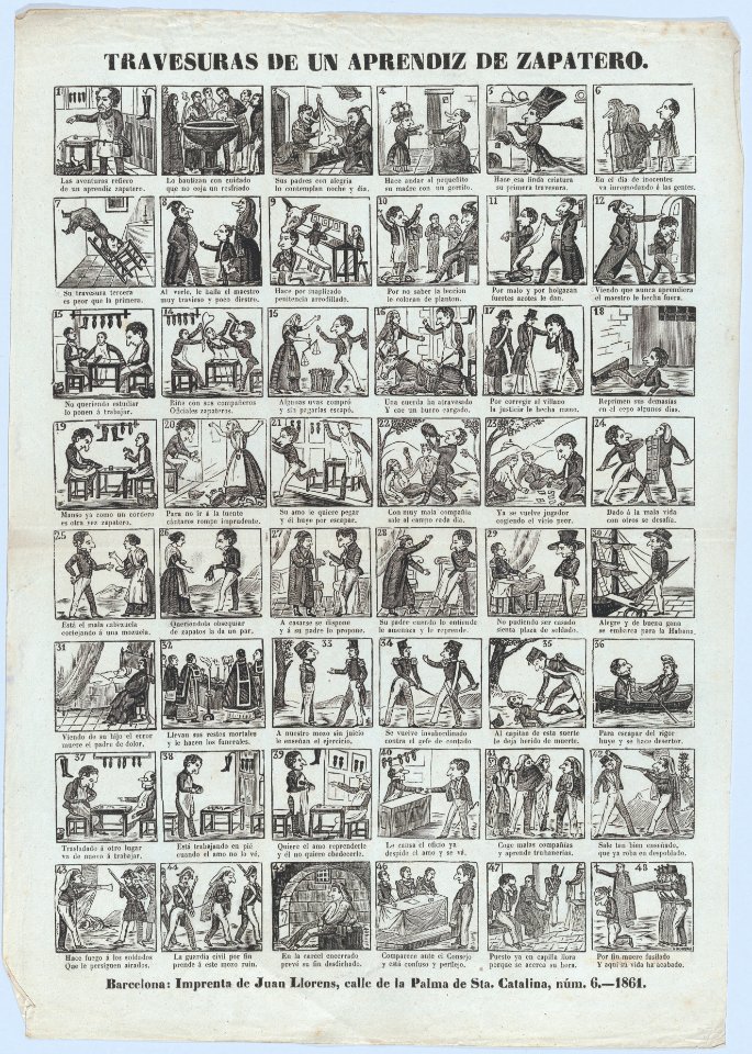 Broadside with 48 scenes depicting the antics of the shoemaker's apprentice MET DP875602