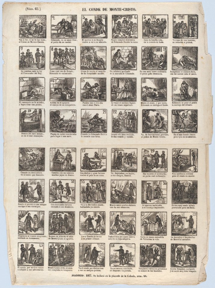 Broadside with 48 scenes relating the story of the Count on Montecristo MET DP875640