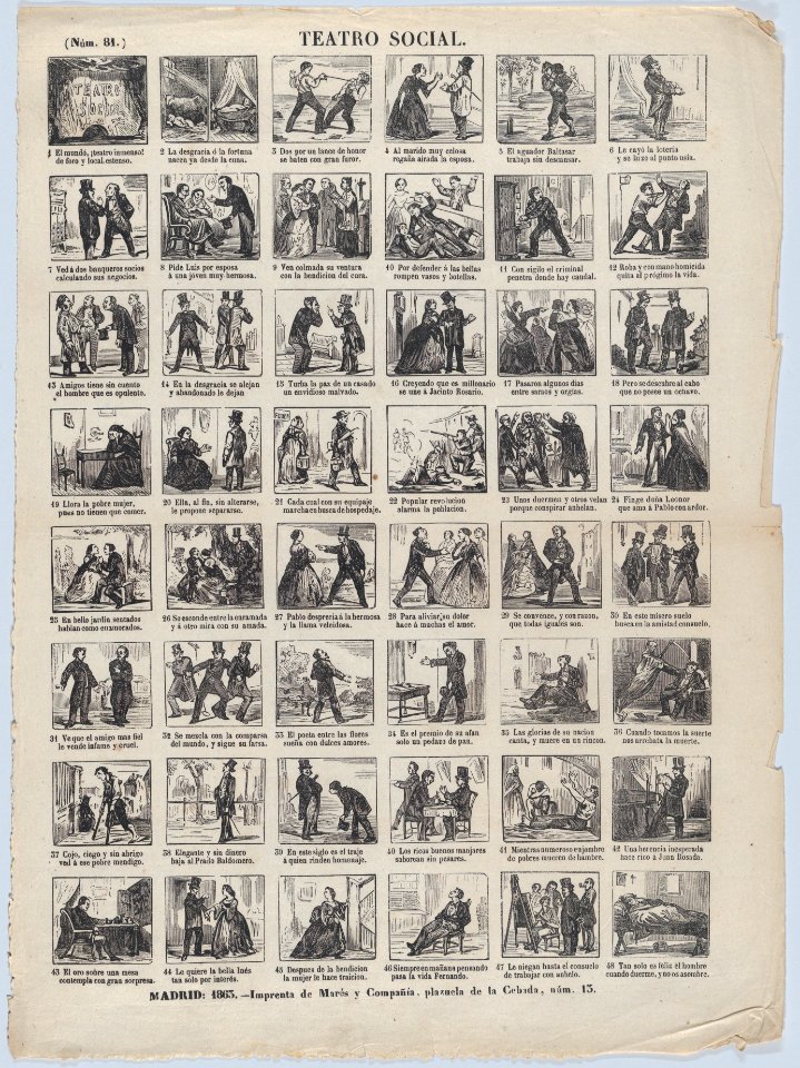 Broadside with 48 scenes depicting moments and conditions relating to the theatre of life MET DP875646