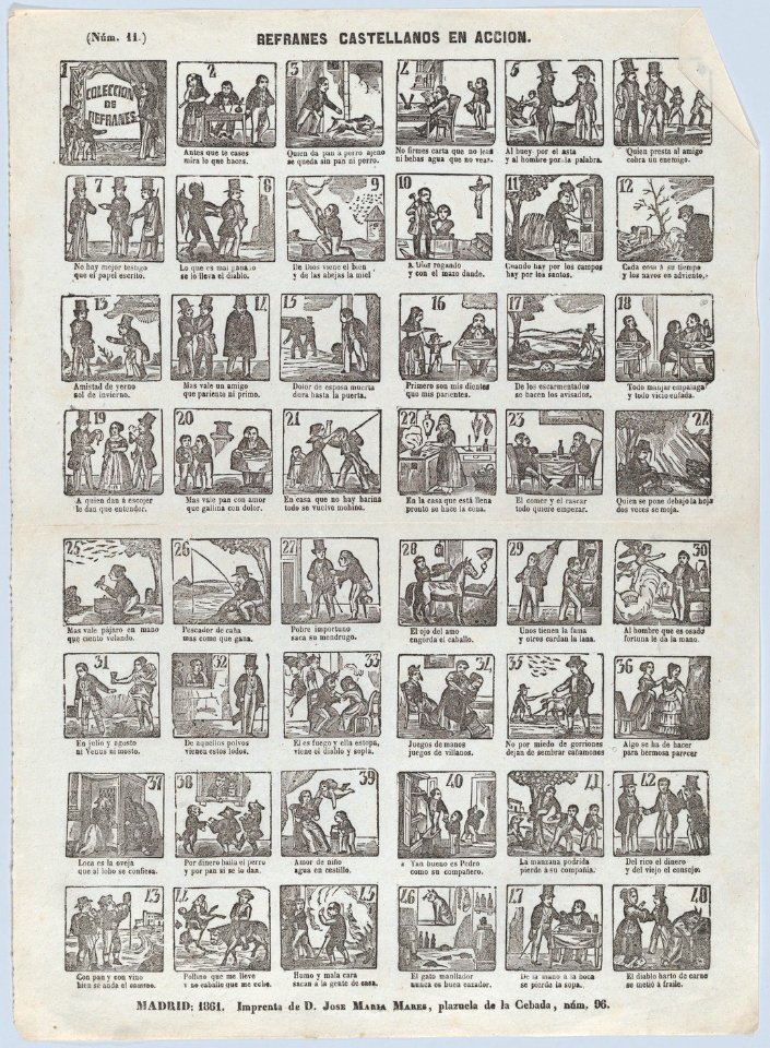 Broadside with 48 scenes depicting Spanish refrains (colloquial sayings) in action MET DP875633