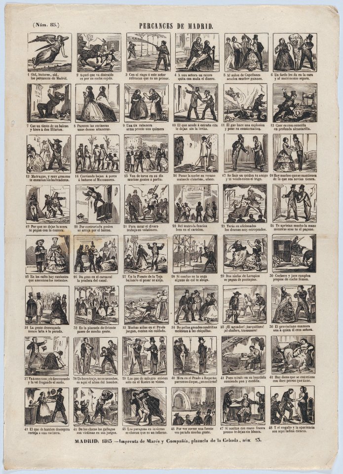 Broadside with 48 scenes depicting the mishaps in-of Madrid MET DP875648