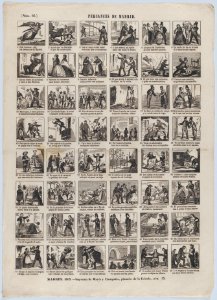 Broadside with 48 scenes depicting the mishaps in-of Madrid MET DP875648