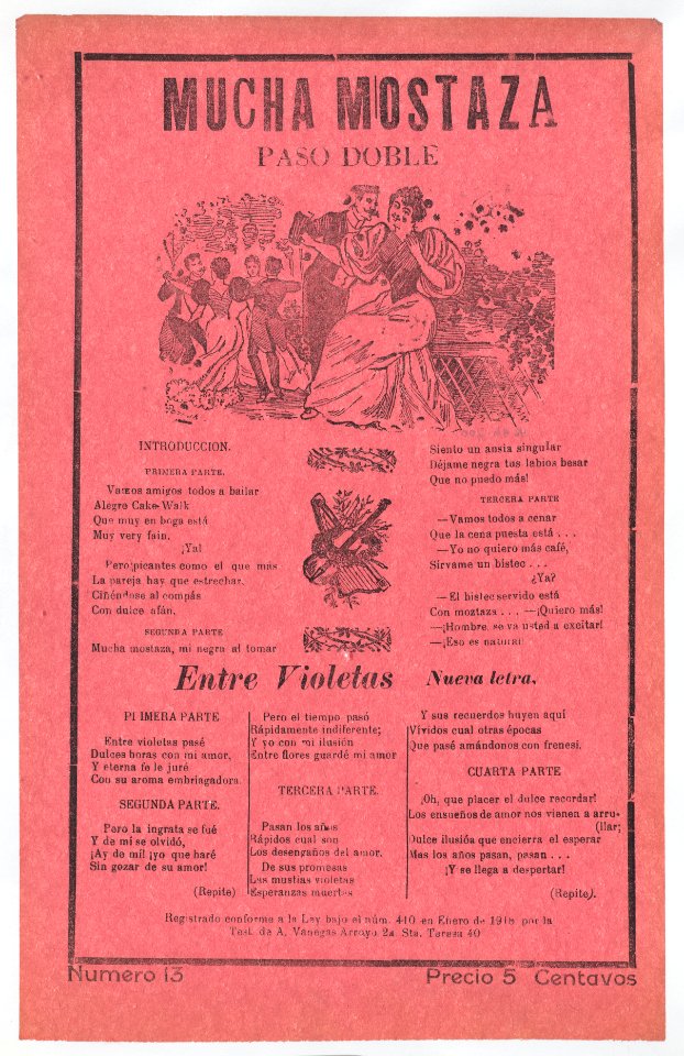 Broadsheet with songs for a two-step dance (paso doble), a man and woman talking while elegantly dressed couples dance in the background MET DP868551