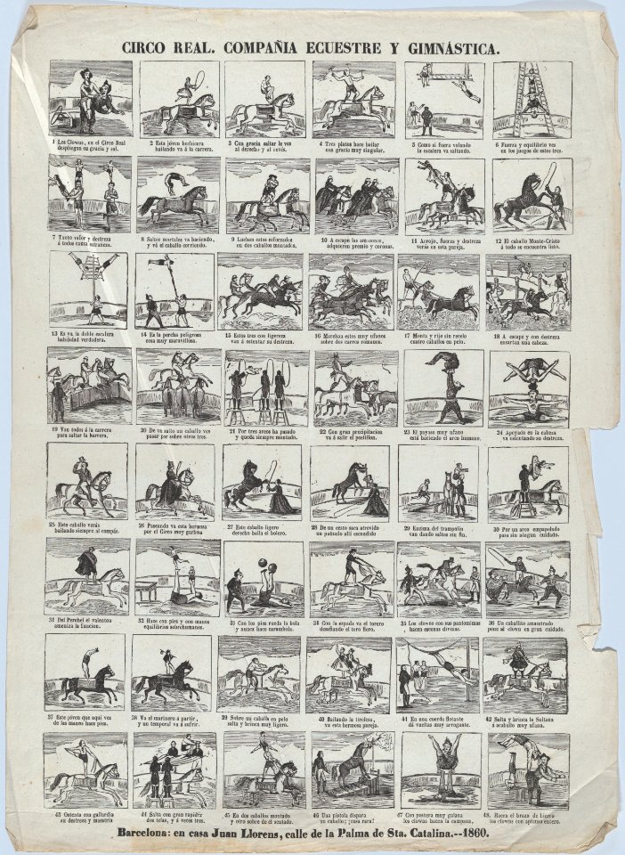 Broadside with 48 scenes depicting the equestrian and gymnastic moves of the royal circus MET DP875729