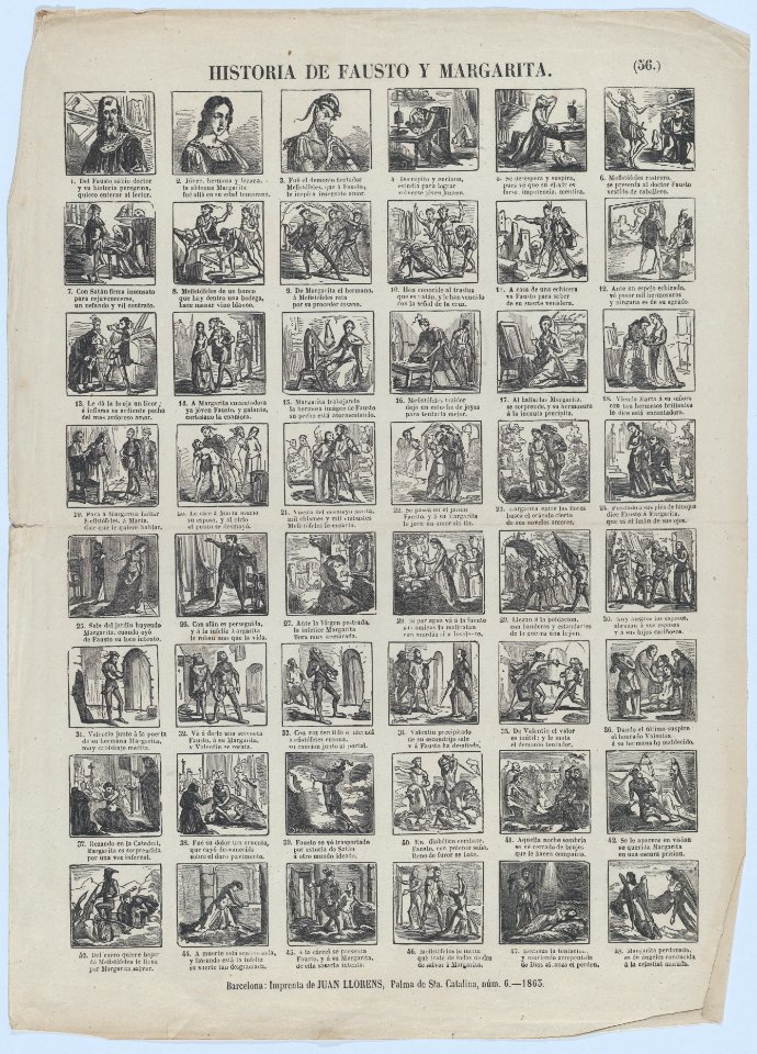 Broadside with 48 scenes illustrating the story of Faust and Marguerite MET DP875579