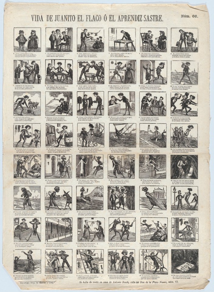 Broadside with 48 scenes relating to the life of Juanito the Skinny one, or, the apprentice tailor MET DP875799