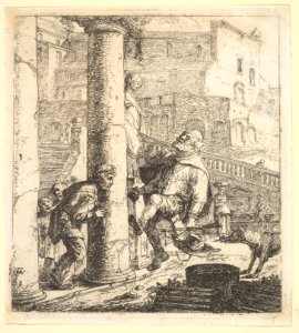 Blind Beggar Bumping A Pillar; this and 63.616.39 (2) are two plates of beggars from the story of Lazaville de Tormes. MET DP828620
