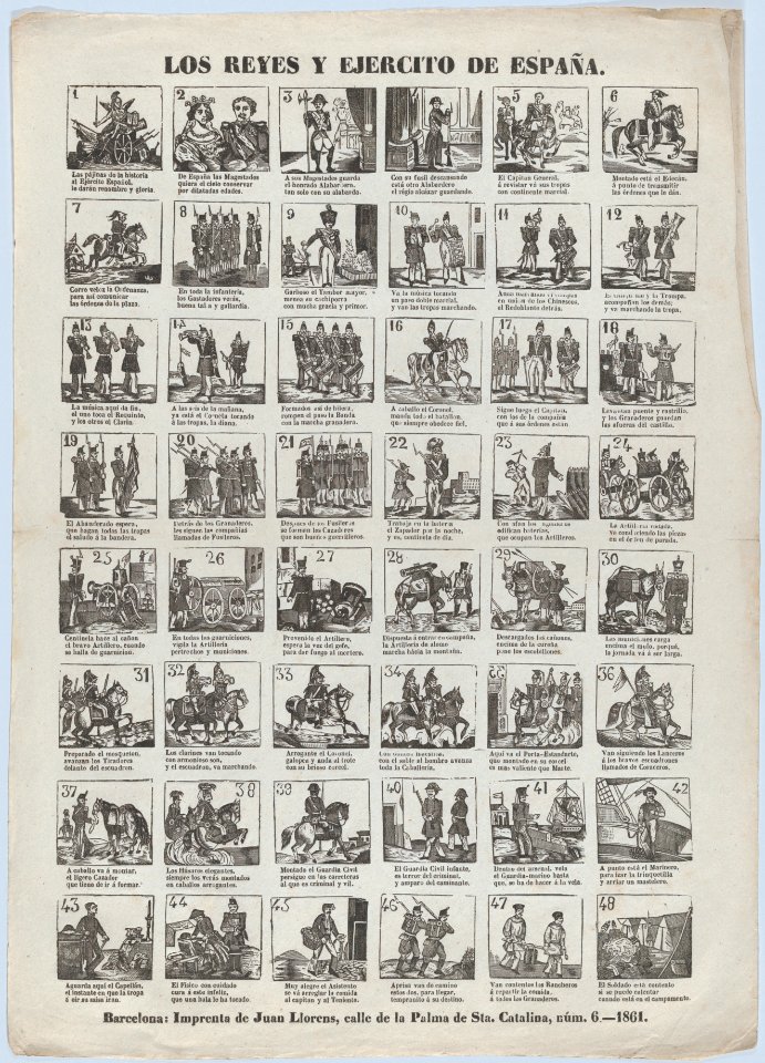 Broadside with 48 scenes relating to the Spanish army MET DP875731