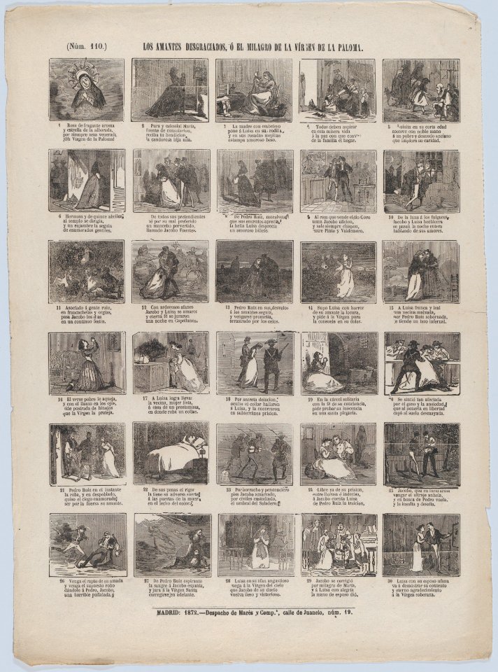 Broadside with 48 scenes relating to the unhappy lovers, or the miracle of the Virgin of the dove MET DP875652