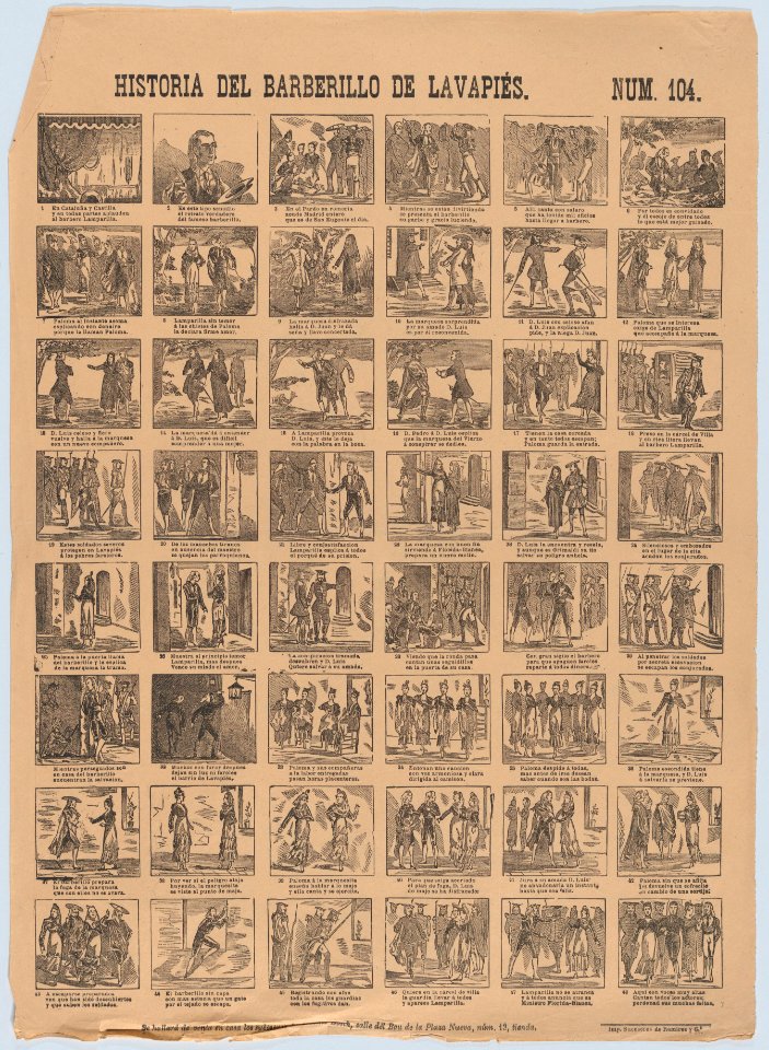 Broadside with 48 scenes relating to the zarzuela barberillo of Lavapiés MET DP875798