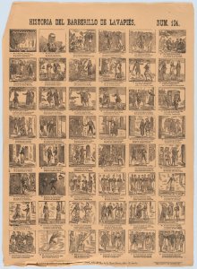 Broadside with 48 scenes relating to the zarzuela barberillo of Lavapiés MET DP875798