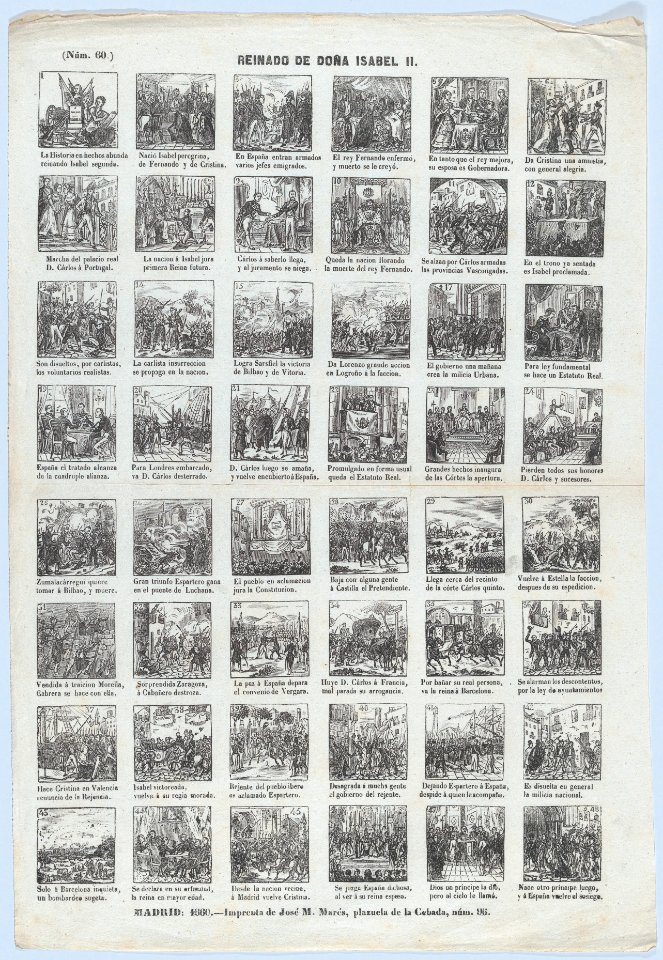 Broadside with 48 scenes relating to the reign of Queen Isabel II MET DP875599