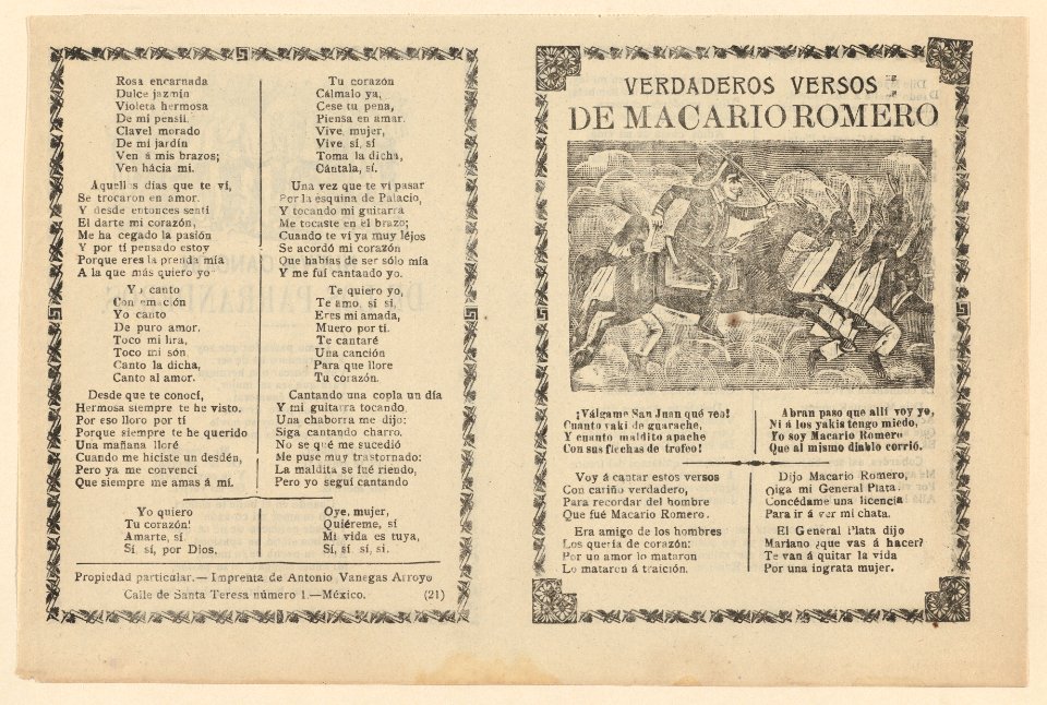 Broadside with verses regarding the military leader Macario Romero, who is shown on horseback riding alongside Indians MET DP868537