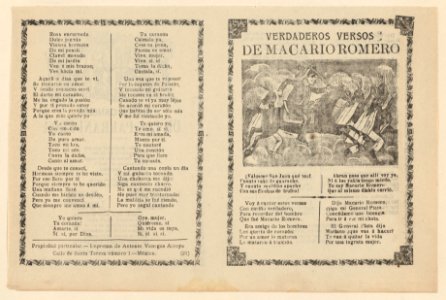 Broadside with verses regarding the military leader Macario Romero, who is shown on horseback riding alongside Indians MET DP868537