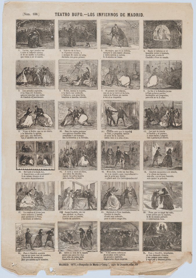 Broadside with 48 scenes relating to zarzuela(?) 'los infiernos de Madrid' MET DP875651