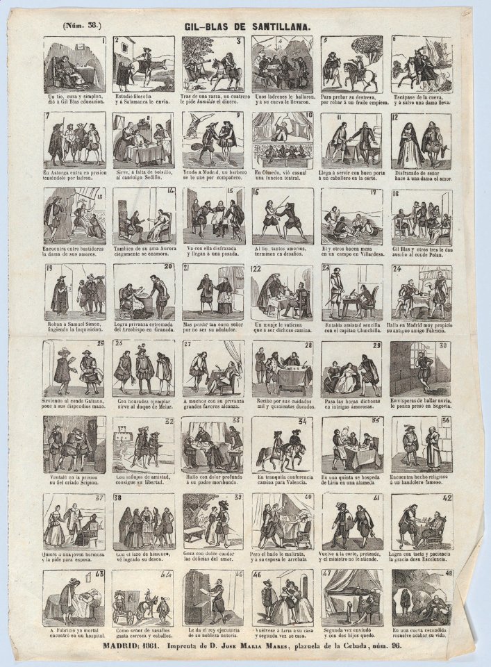 Broadside with 48 scenes showing the adventures of Gil-Blas de Santillana MET DP875636
