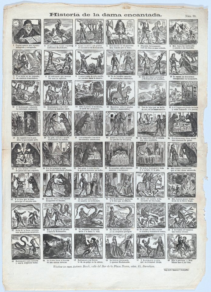 Broadside with 48 scenes relating to the story of the enchanted lady (Dama encantada) MET DP875584