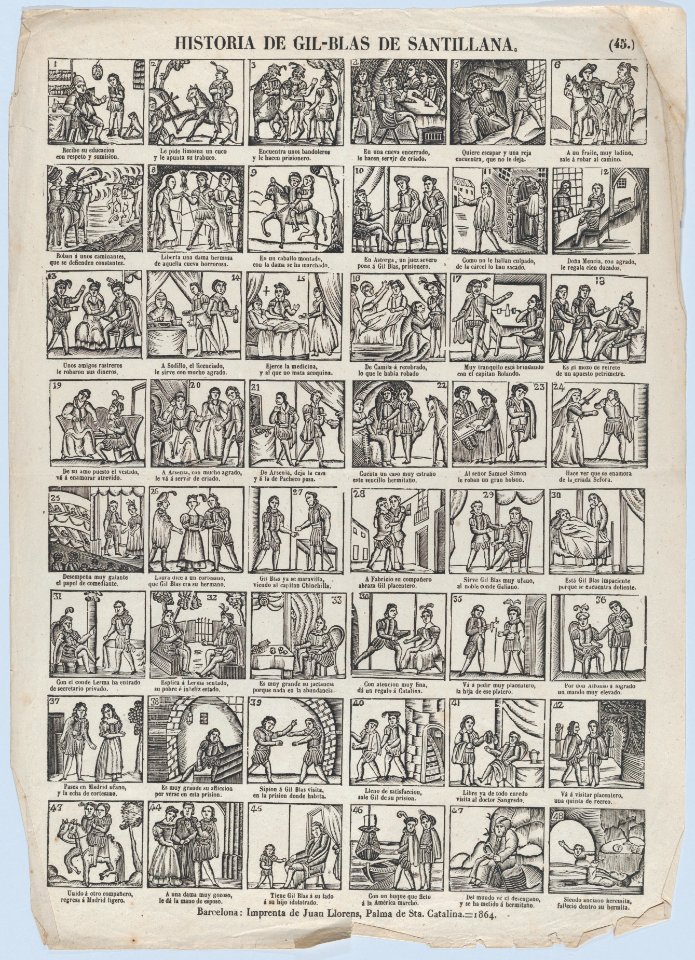 Broadside with 48 scenes relating to the story of Gil-Blas Santillana MET DP875733