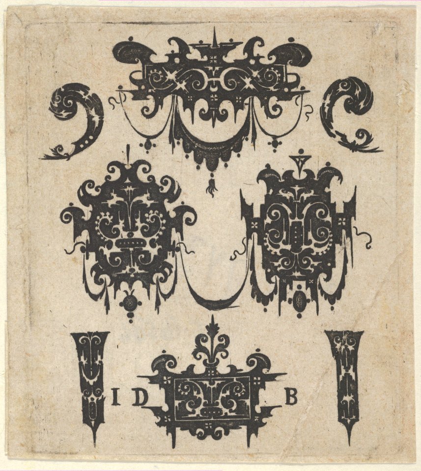 Blackwork Print with Four Shweifwerk Motifs Decorated with Swag Combined with Four Small Fillets MET DP837334