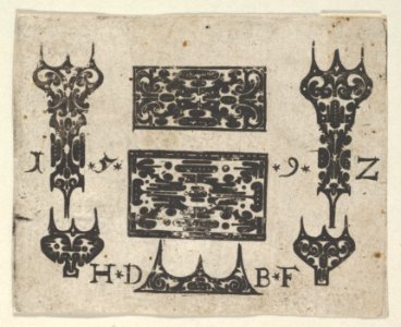 Blackwork Print with Two Horizontal Panels and Five Small Motifs MET DP837232