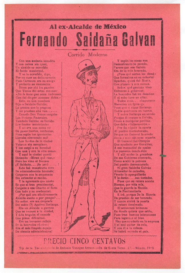 Broadsheet relating to the ex mayor of Mexico, Fernando Saldaña Galvan, who is standing in the center covered in holes MET DP868558