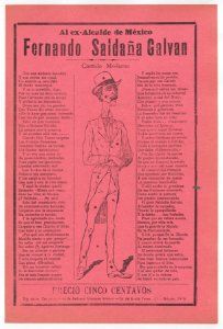 Broadsheet relating to the ex mayor of Mexico, Fernando Saldaña Galvan, who is standing in the center covered in holes MET DP868558