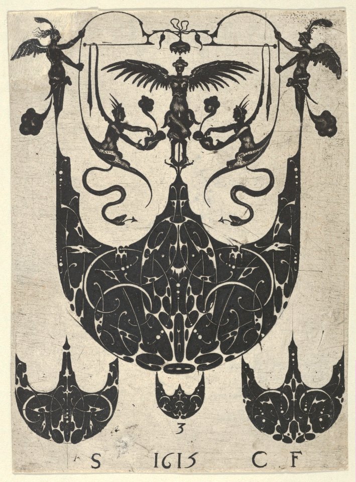 Blackwork Print with a Bezel Supporting Grotesques Above Three Smaller Bezels, from a Series of Blackwork Prints for Goldsmiths' Work MET DP837323