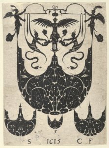 Blackwork Print with a Bezel Supporting Grotesques Above Three Smaller Bezels, from a Series of Blackwork Prints for Goldsmiths' Work MET DP837323