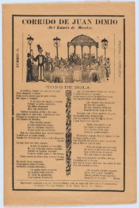 Broadsheet relating to the death of Juan Dimio, crowd of people gathered around a gazebo while a man wearing a top hat looks out toward viewer MET DP874523