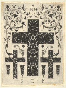 Blackwork Print with Three Crosses and Foliate Scrolls, from a Series of Blackwork Prints for Goldsmiths' Work MET DP837324