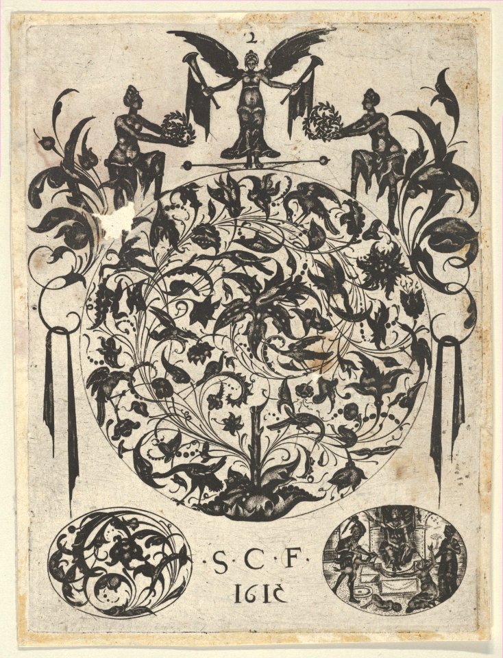 Blackwork Print with a Roundel with Tendrils and Birds Above Two Ovals, from a Series of Blackwork Prints for Goldsmiths' Work MET DP837322