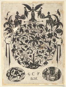 Blackwork Print with a Roundel with Tendrils and Birds Above Two Ovals, from a Series of Blackwork Prints for Goldsmiths' Work MET DP837322