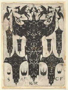 Blackwork Print with Grotesques Fighting on Top of a Large Motif Surrounded by Ten Smaller Motifs, from a Series of Blackwork Prints for Goldsmiths' Work MET DP837326