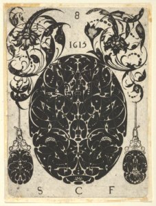 Blackwork Print with an Oval at Center Flanked by Pendants Hanging from Foliate Scrolls, from a Series of Blackwork Prints for Goldsmiths' Work MET DP837328