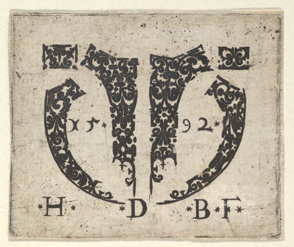 Blackwork Print with Two Small Horizontal Panels Above a Pair of Lunar-Shaped Fillets with Two Motifs at Center MET DP837235