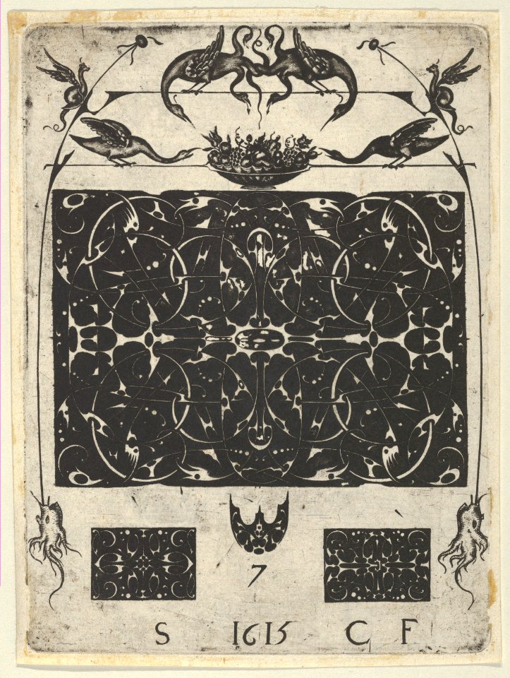 Blackwork Print with Birds and Grotesques Atop a Horizontal Panel, from a Series of Blackwork Prints for Goldsmiths' Work MET DP837327