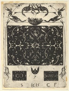 Blackwork Print with Birds and Grotesques Atop a Horizontal Panel, from a Series of Blackwork Prints for Goldsmiths' Work MET DP837327
