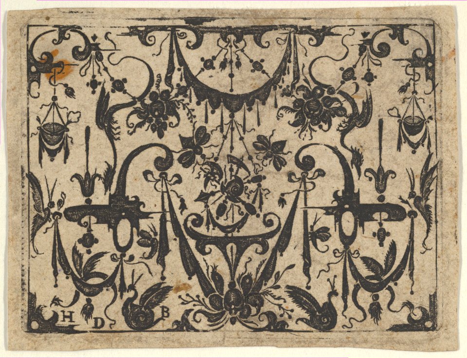 Blackwork Print with a Trophy at Center Surrounded by Grotesques and Swag Drapery MET DP837336