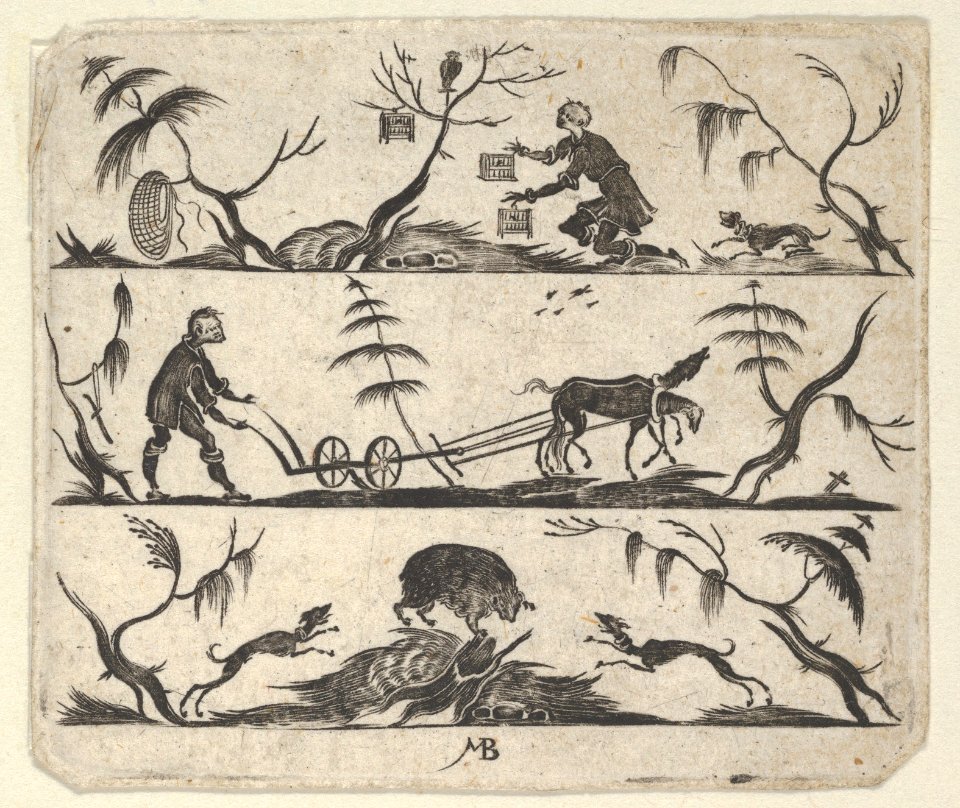 Blackwork Design for Goldsmithwork with a Bee-Keeper, a Farmer and a Boar MET DP837095