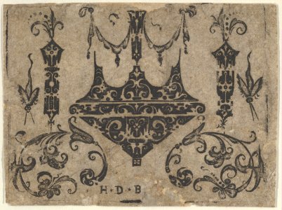 Blackwork Print with Four Ring Bezel Combined with C-Scrolls and Insects MET DP837335