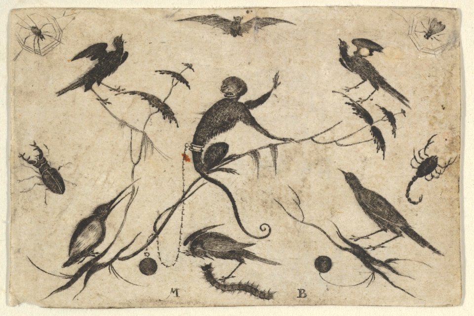 Blackwork Design for Goldsmithwork with Monkey, Birds, and Insects MET DP837105