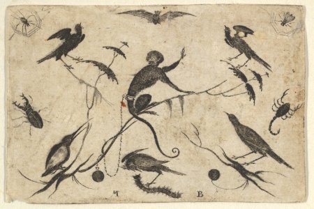 Blackwork Design for Goldsmithwork with Monkey, Birds, and Insects MET DP837105