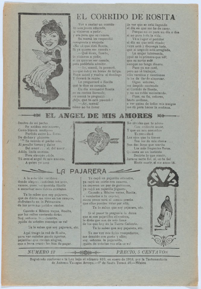 Broadsheet featuring three love ballads with vignettes showing a woman reading, a woman's head in a heart pierced by an arrow and a woman walking MET DP874529