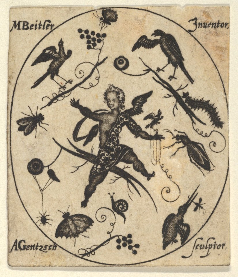 Blackwork Design for Goldsmithwork with a Putto, Birds and Insects MET DP837100
