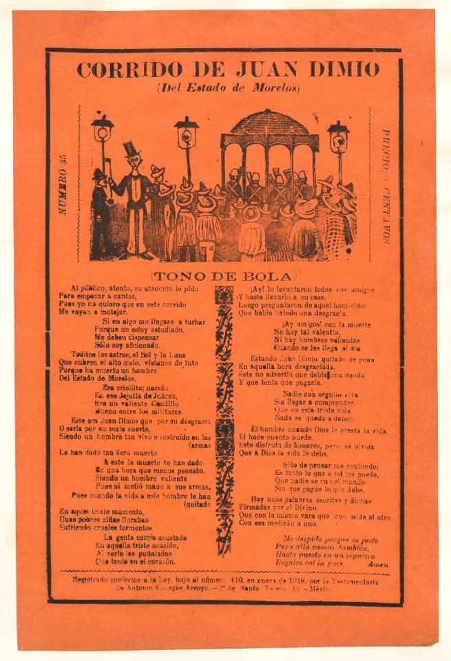 Broadsheet relating to the death of Juan Dimio, crowd of people gathered around a gazebo while a man wearing a top hat stares out at viewer MET DP868530