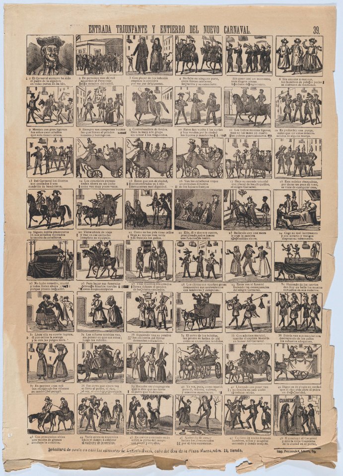 Broadside with 48 scenes depicting the triumphal entry and burial and entry of the new carnival MET DP875613