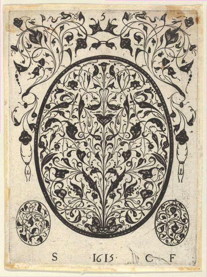 Blackwork Print with Foliate Scrolls in an Oval at Center, from a Series of Blackwork Prints for Goldsmiths' Work MET DP837325