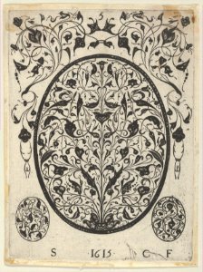 Blackwork Print with Foliate Scrolls in an Oval at Center, from a Series of Blackwork Prints for Goldsmiths' Work MET DP837325